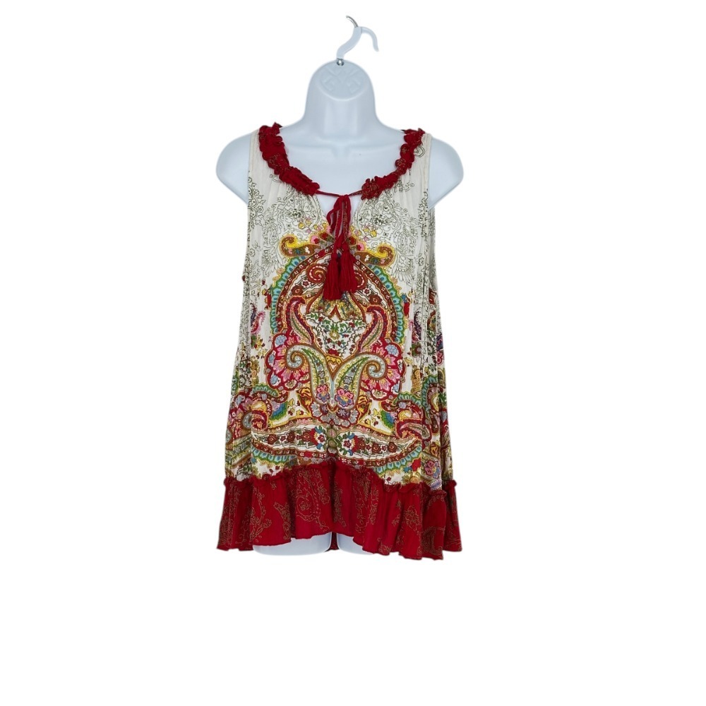 Bila Paisley Tank Top Sleeveless Tassel Ruffle Hem Boho Festival Large